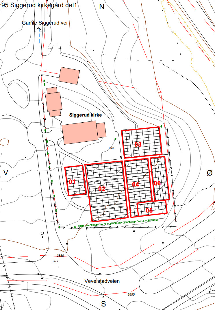 Kart over Siggerud kirkegård del 1. Illustrasjon.